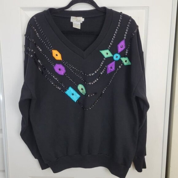 Vintage DEBRA MARTIN Black Embroidered Button Beading Pullover Sweater L - Picture 1 of 10